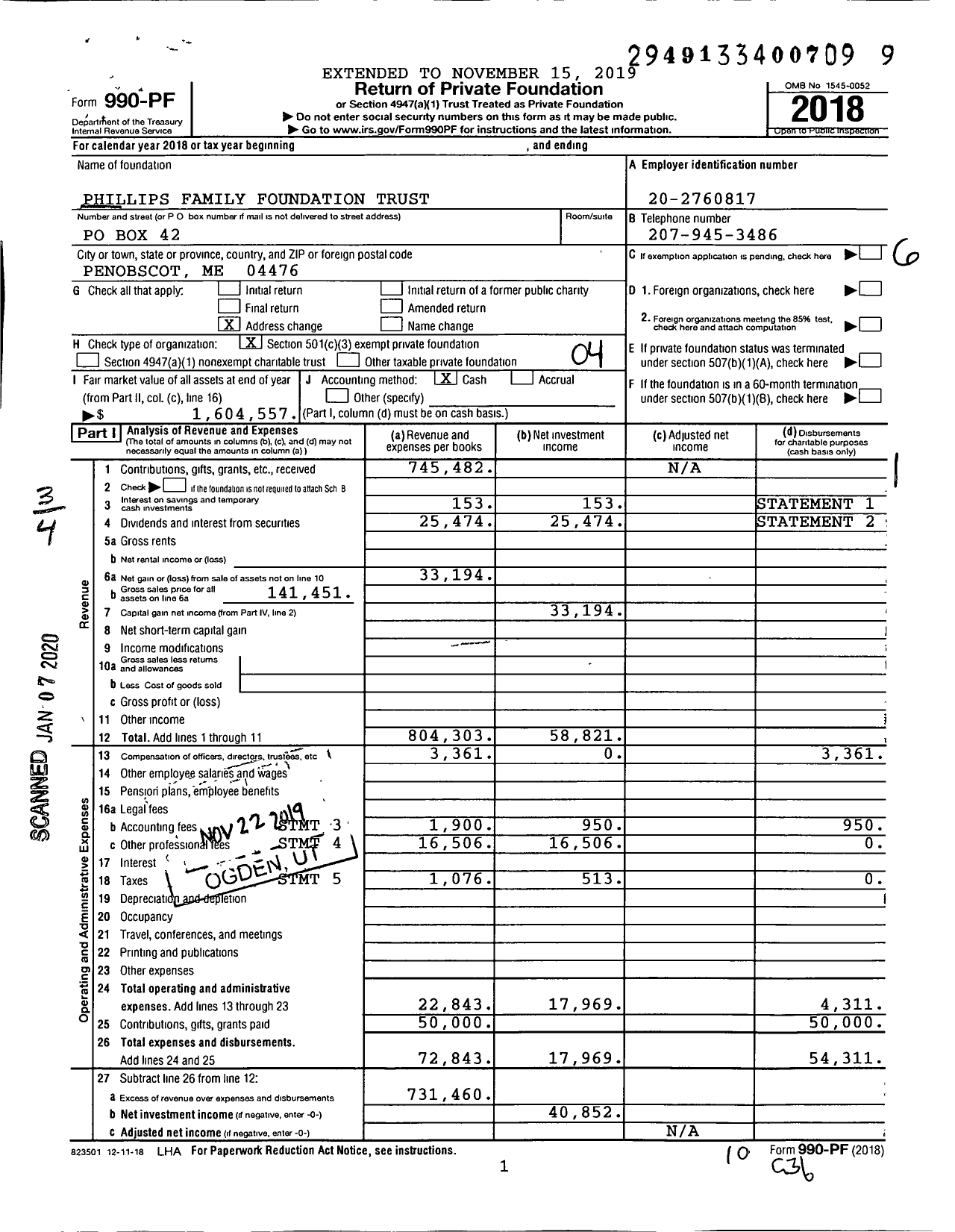 Image of first page of 2018 Form 990PF for Phillips Family Foundation Trust