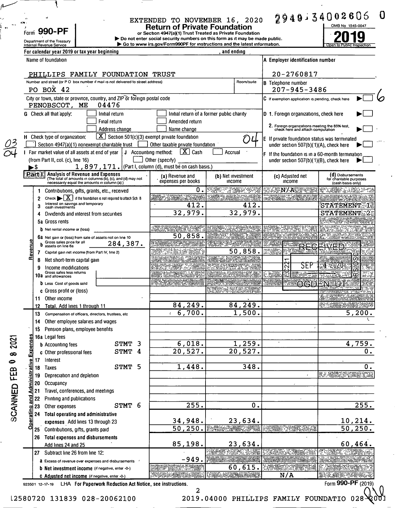 Image of first page of 2019 Form 990PF for Phillips Family Foundation Trust