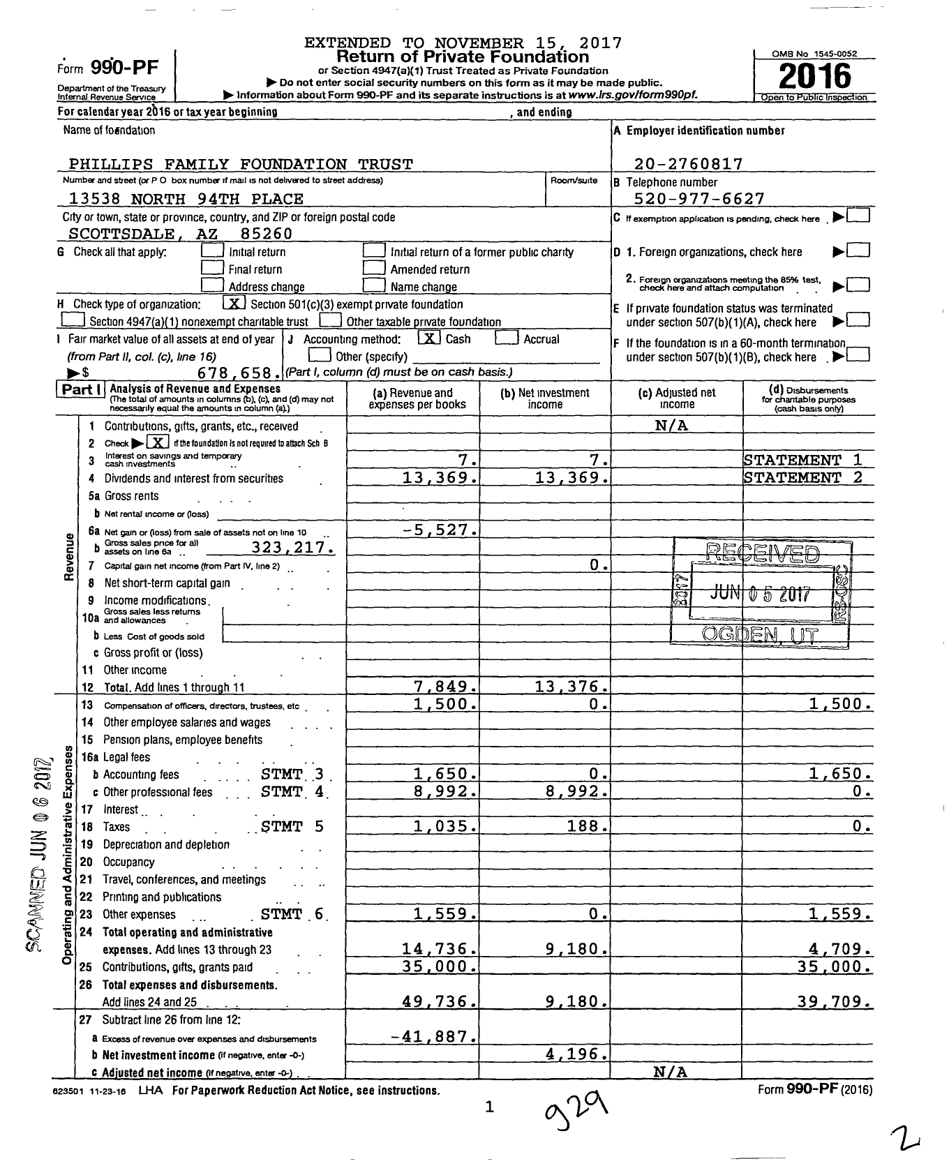 Image of first page of 2016 Form 990PF for Phillips Family Foundation Trust