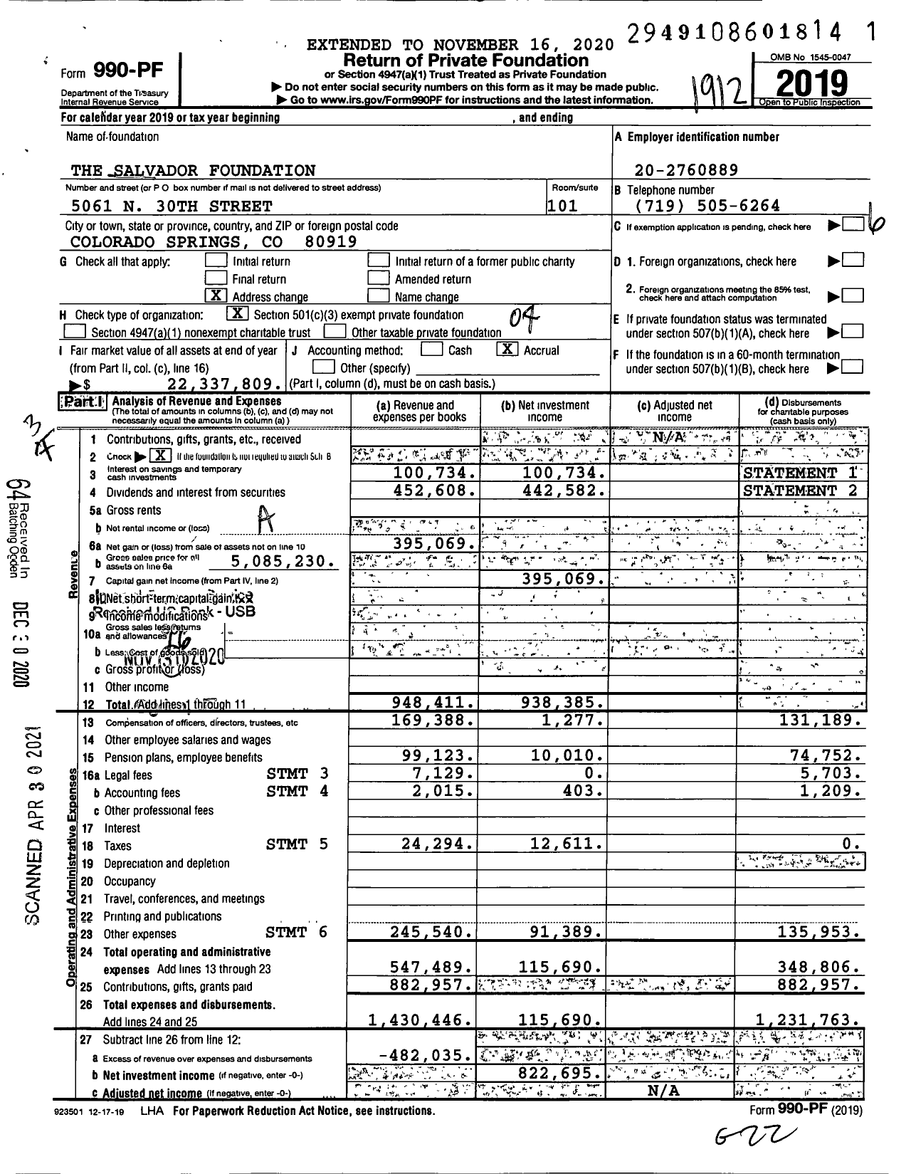 Image of first page of 2019 Form 990PF for The Salvador Foundation
