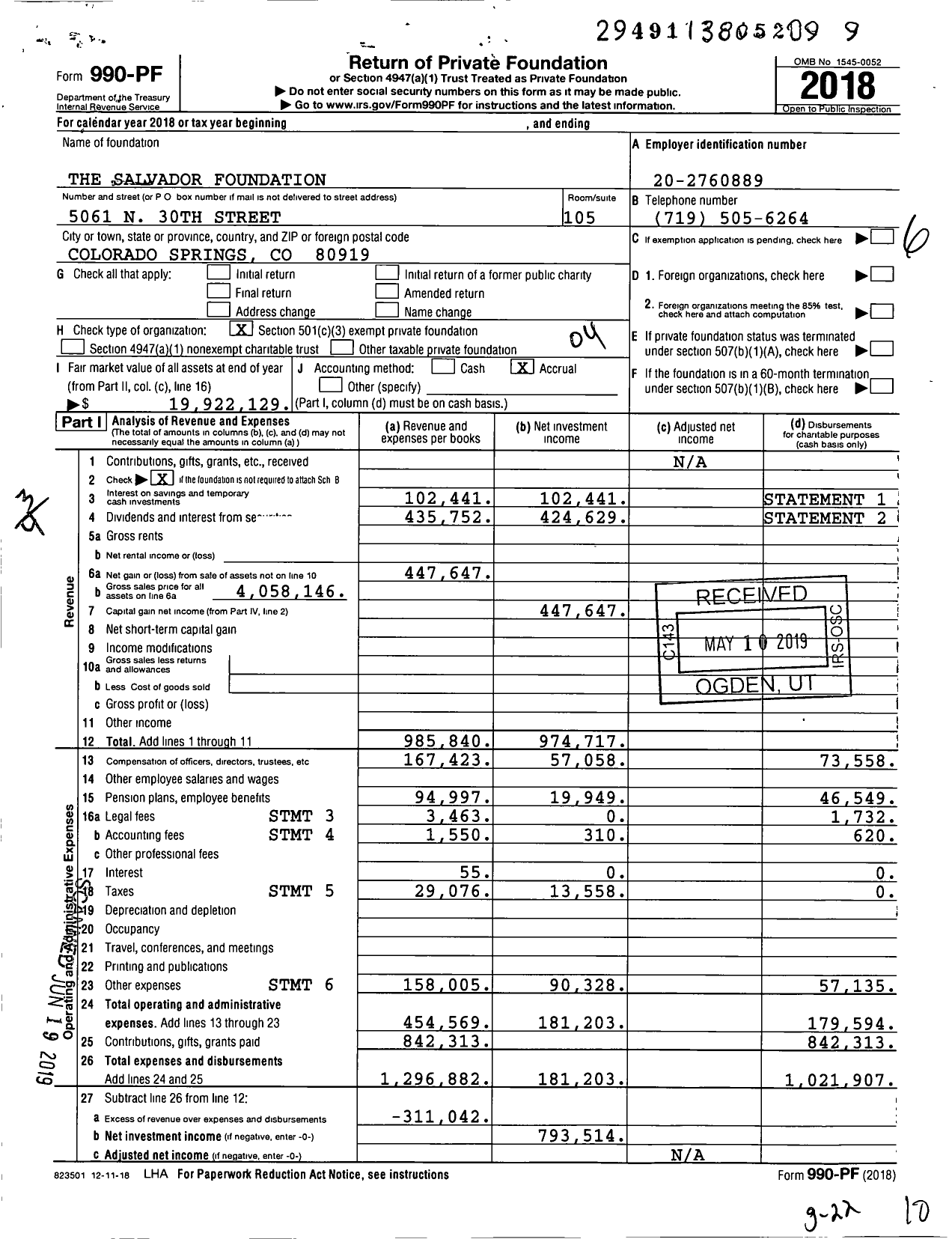 Image of first page of 2018 Form 990PF for The Salvador Foundation