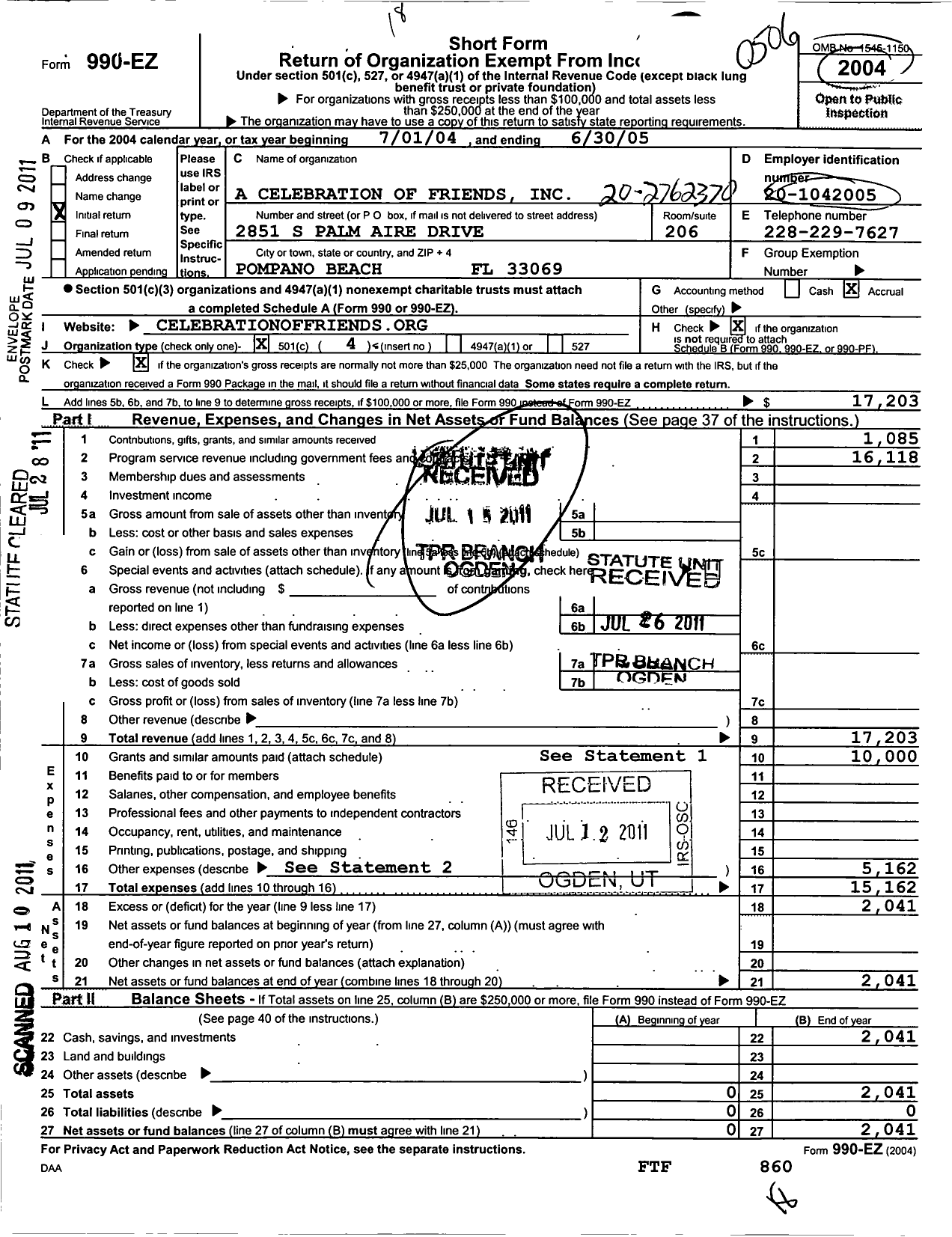 Image of first page of 2004 Form 990EO for A Celebration of Friends