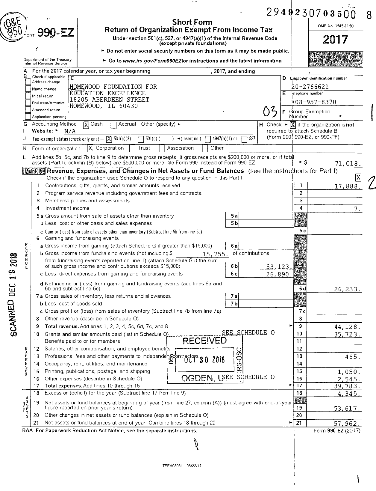 Image of first page of 2017 Form 990EZ for Homewood Foundation for Educational Excellence