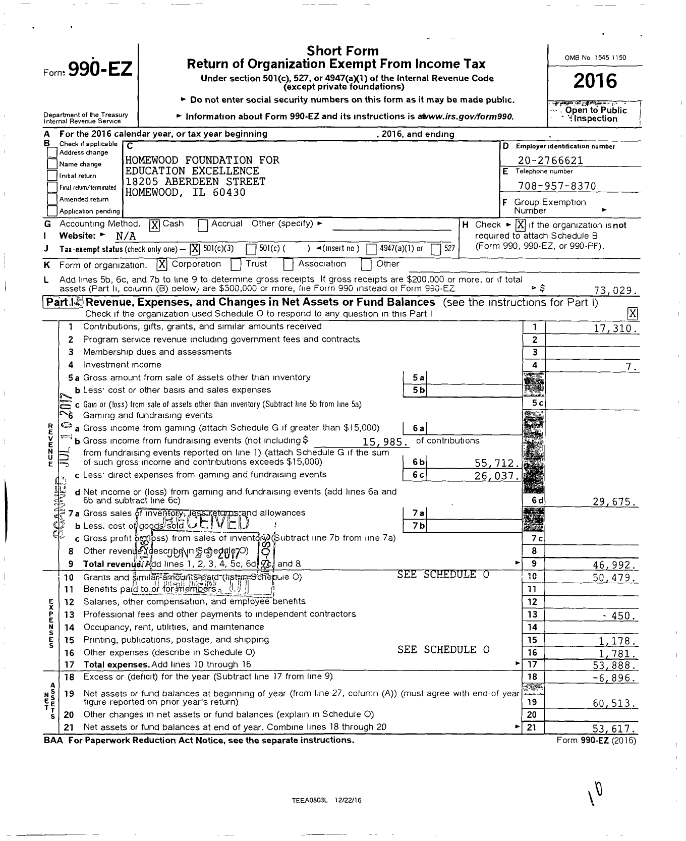 Image of first page of 2016 Form 990EZ for Homewood Foundation for Educational Excellence