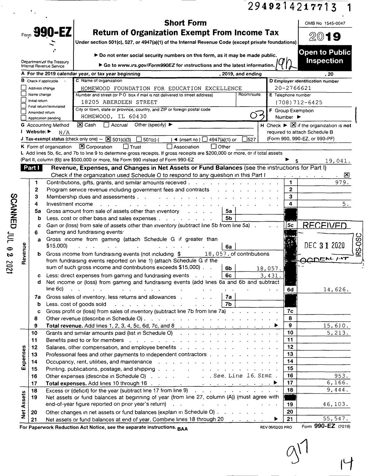 Image of first page of 2019 Form 990EZ for Homewood Foundation for Educational Excellence