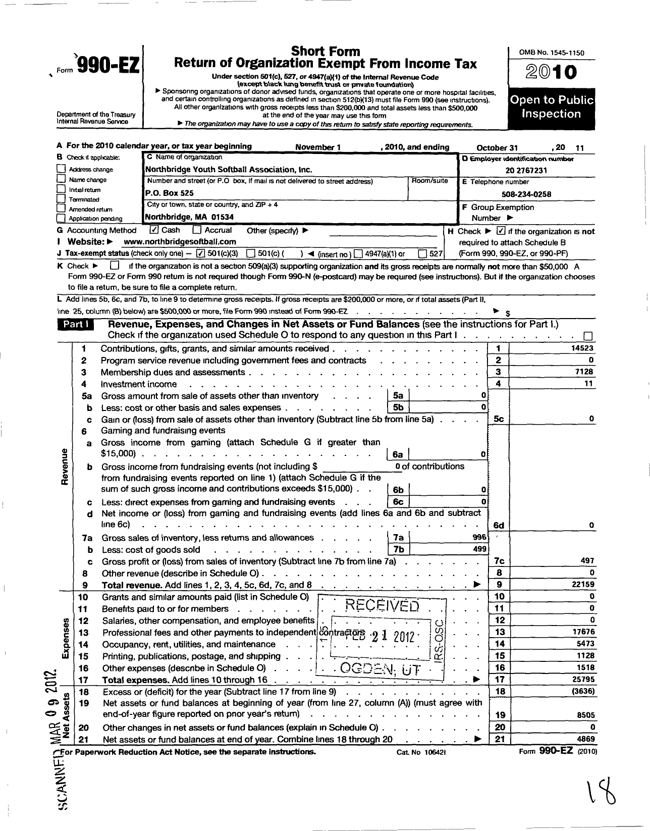 Image of first page of 2010 Form 990EZ for Northbridge Youth Softball Association