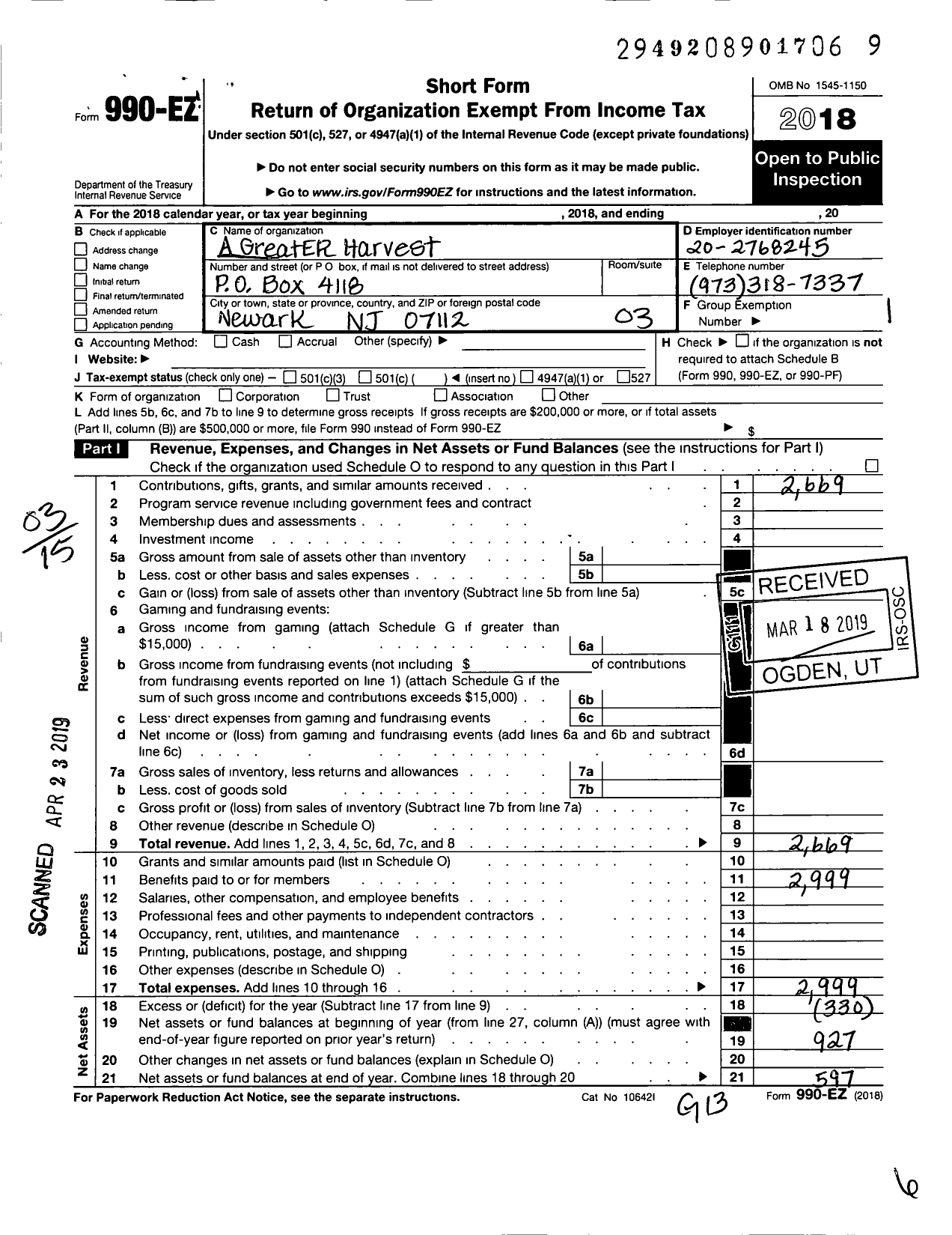 Image of first page of 2018 Form 990EZ for A Greater Harvest