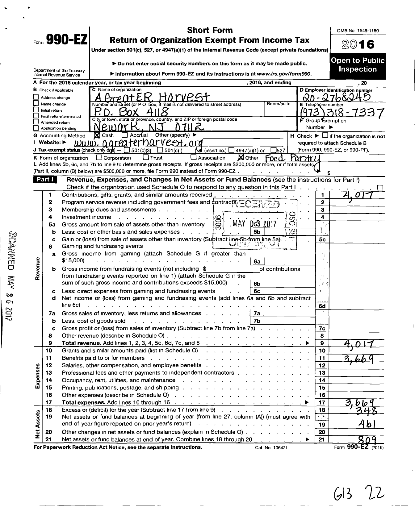 Image of first page of 2016 Form 990EO for A Greater Harvest