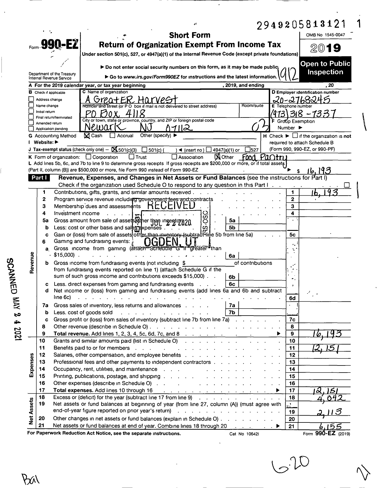 Image of first page of 2019 Form 990EZ for A Greater Harvest