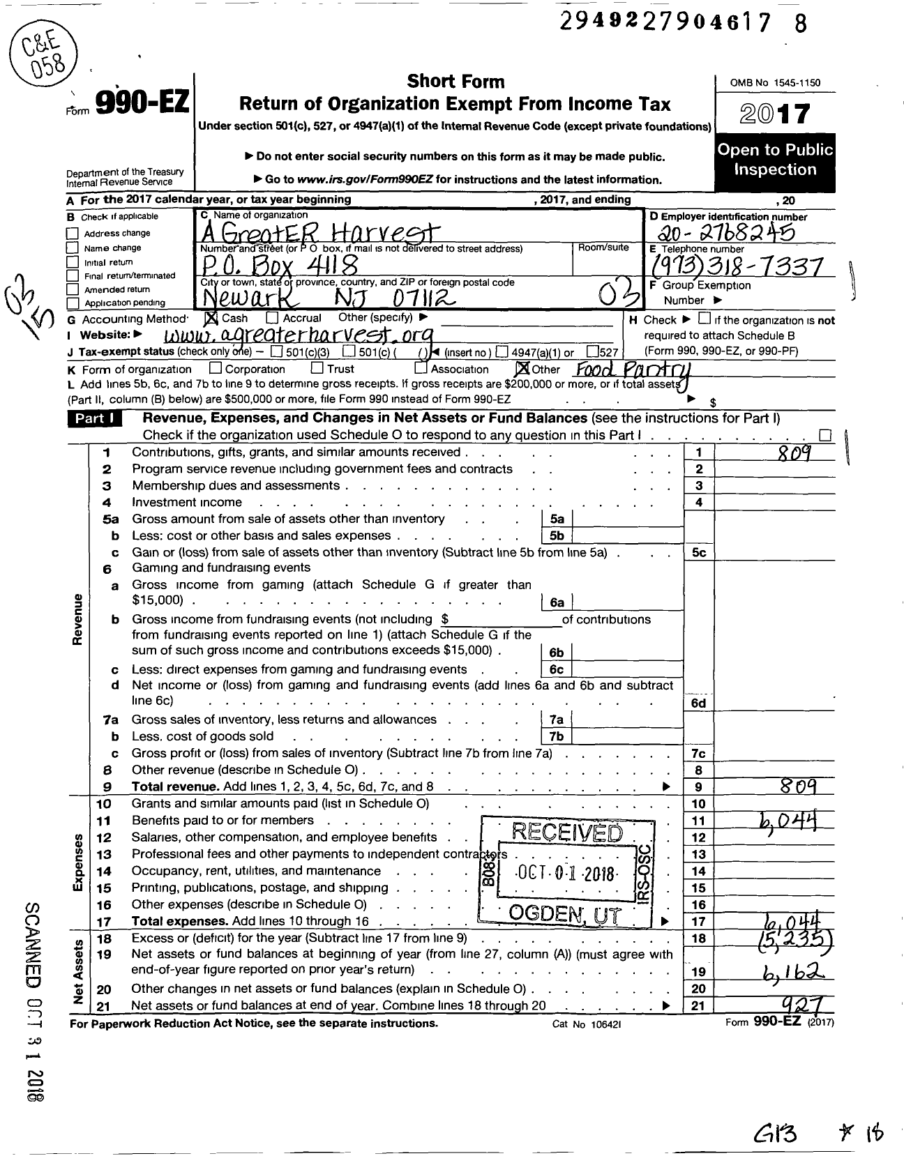 Image of first page of 2017 Form 990EZ for A Greater Harvest