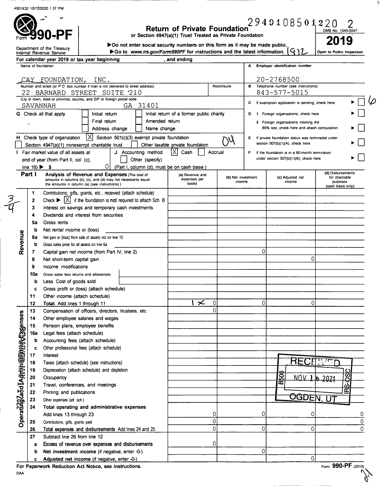 Image of first page of 2019 Form 990PF for Cay Foundation