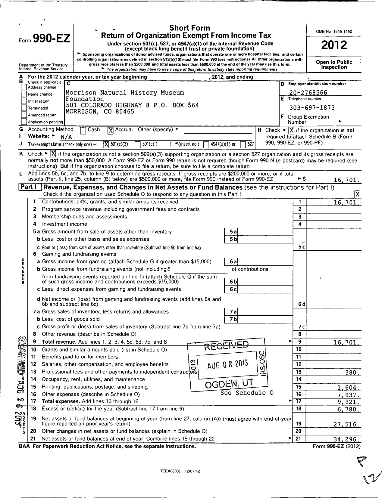 Image of first page of 2012 Form 990EZ for Morrison Natural History Foundation