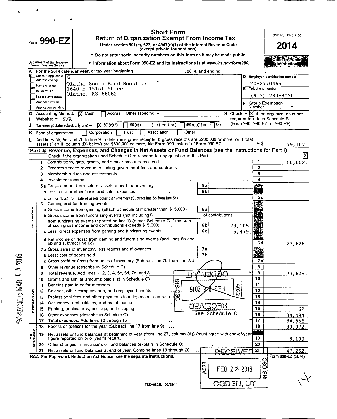 Image of first page of 2014 Form 990EZ for Olathe South Band Boosters