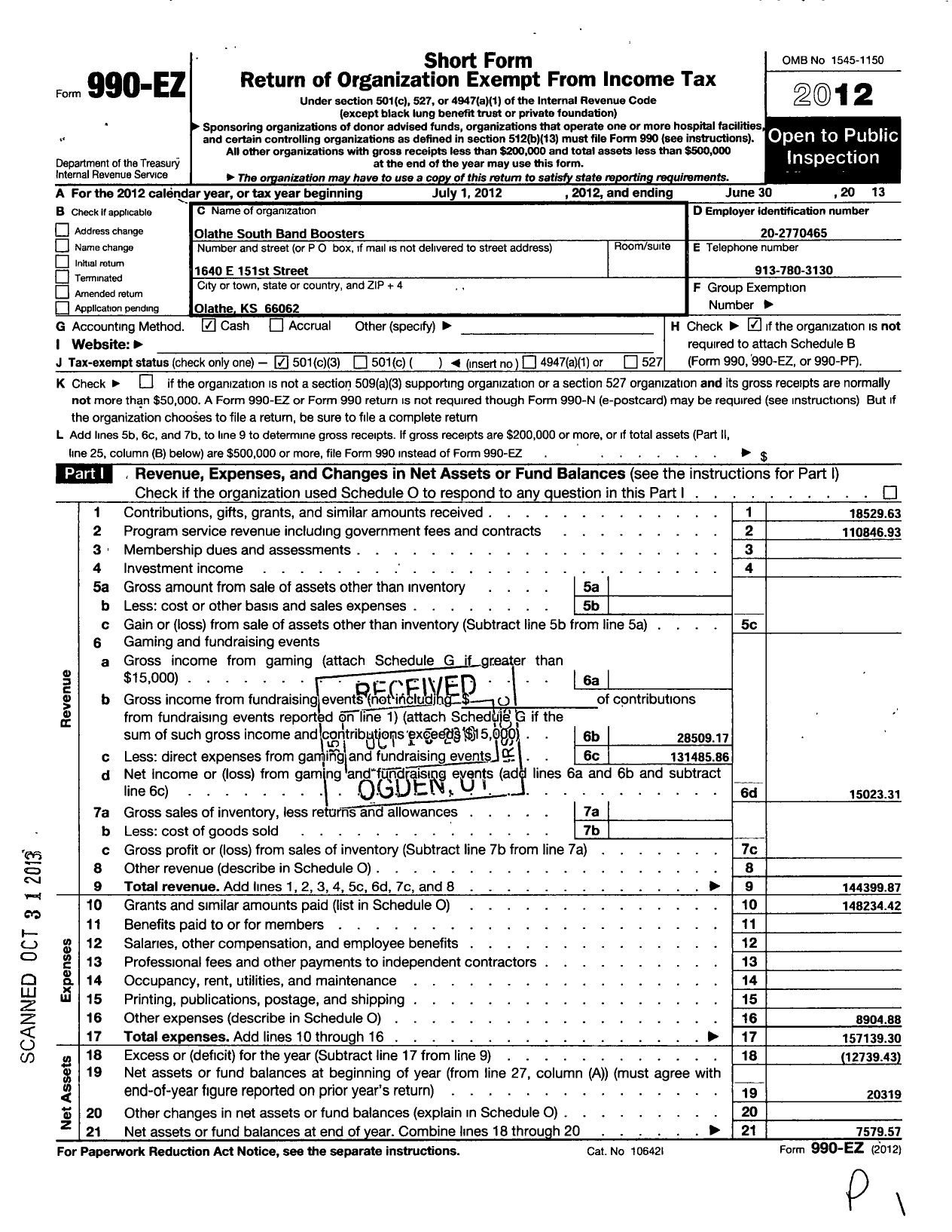 Image of first page of 2012 Form 990EZ for Olathe South Band Boosters