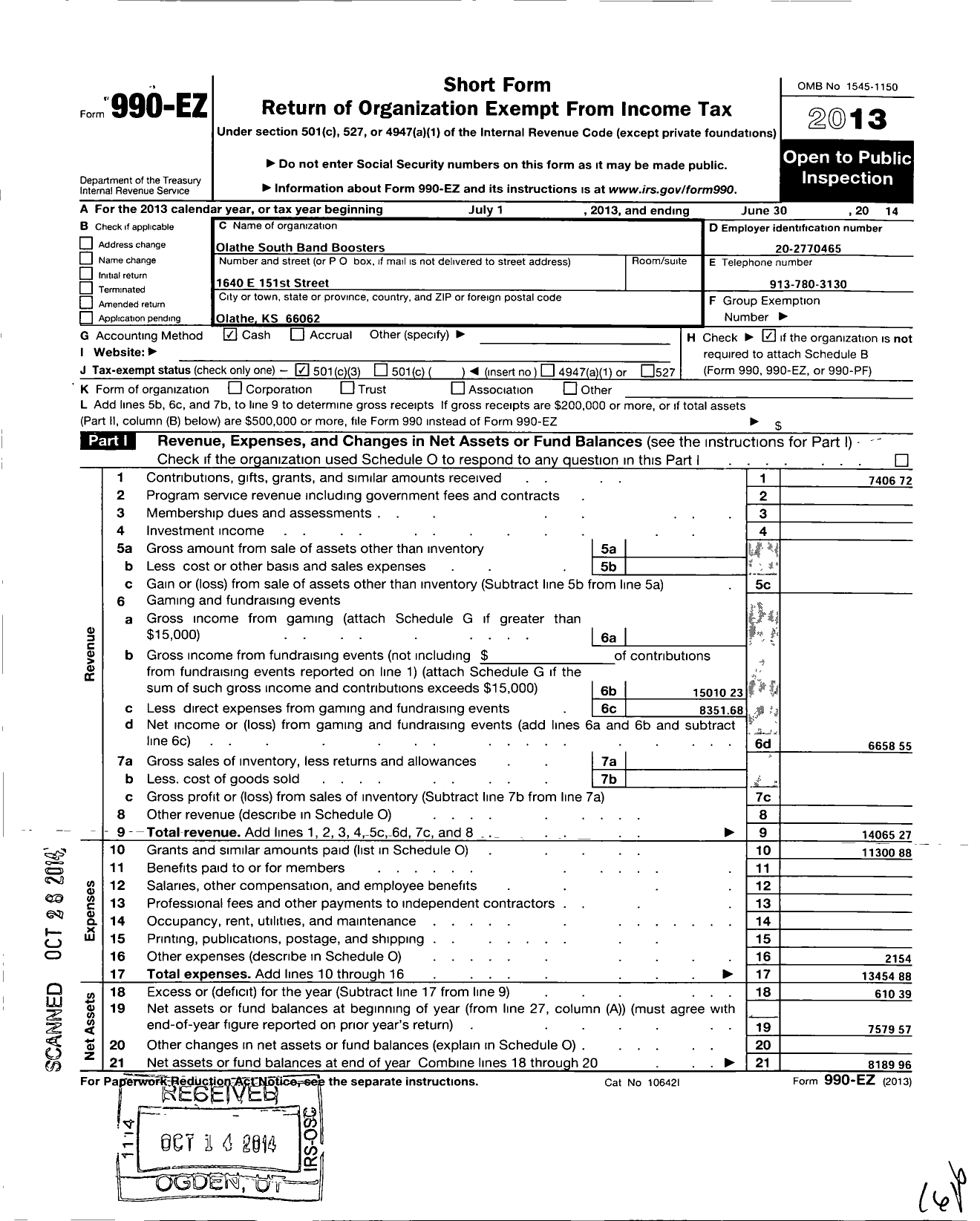 Image of first page of 2013 Form 990EZ for Olathe South Band Boosters