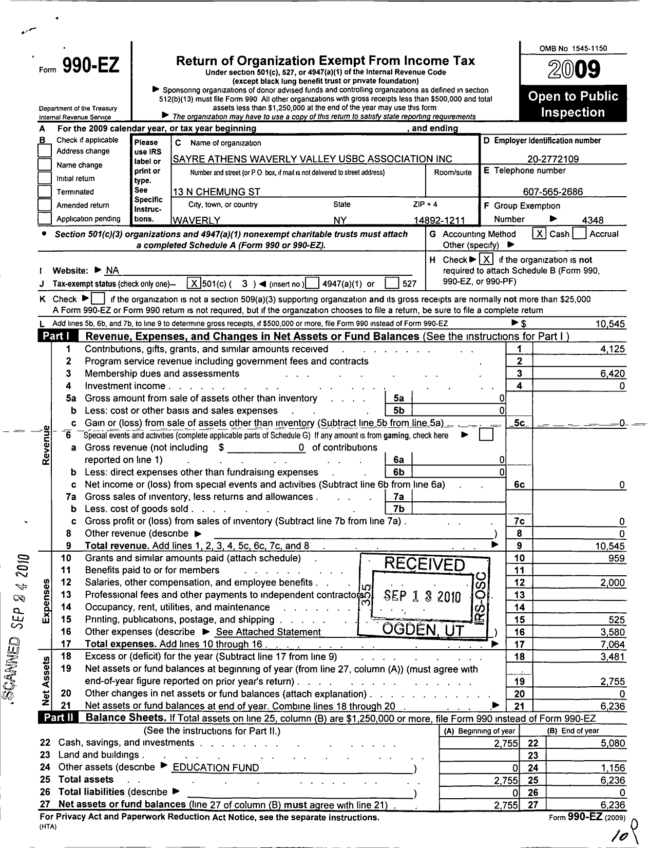 Image of first page of 2009 Form 990EZ for United States Bowling Congress - 80915 Sayre Athens Waverly Valley U