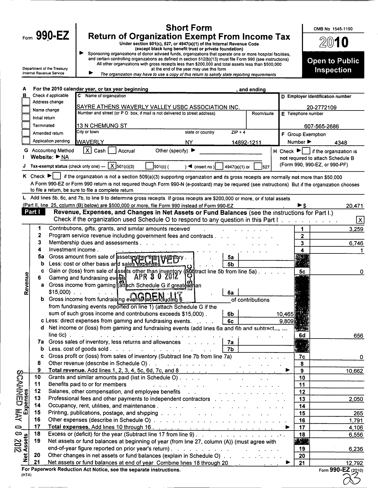 Image of first page of 2010 Form 990EZ for United States Bowling Congress - 80915 Sayre Athens Waverly Valley U