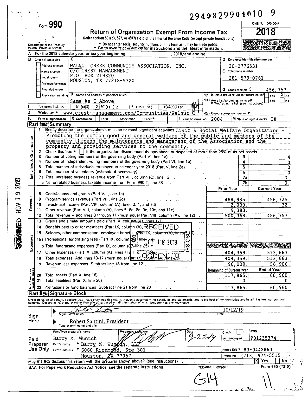 Image of first page of 2018 Form 990O for Walnut Creek Community Association