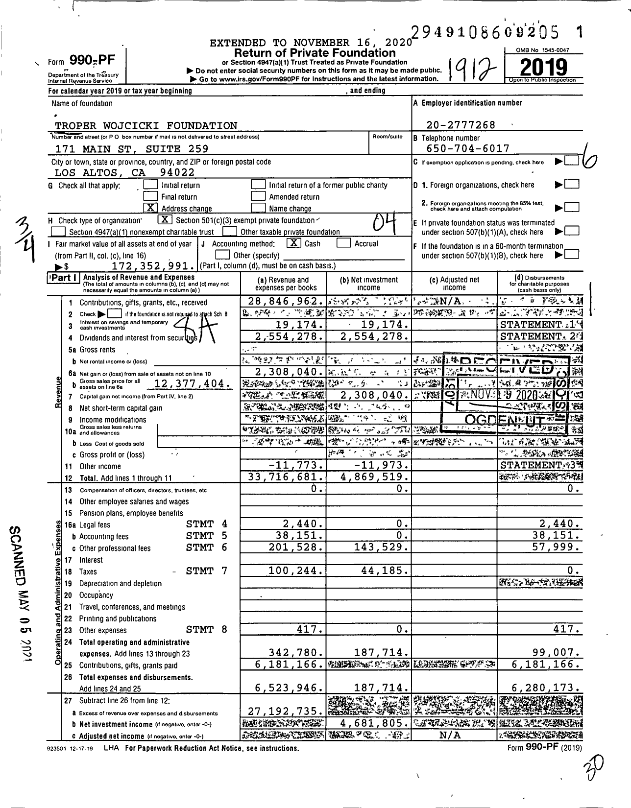 Image of first page of 2019 Form 990PF for Troper Wojcicki Foundation