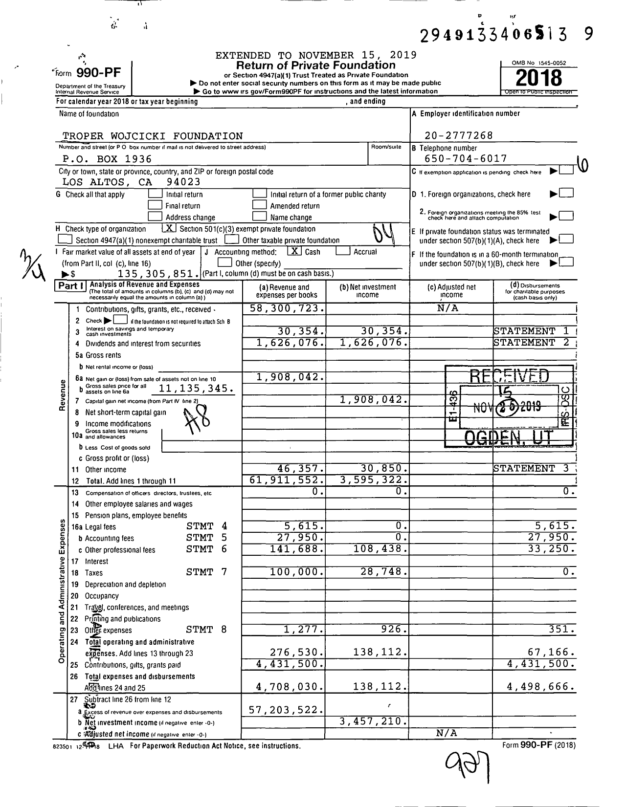 Image of first page of 2018 Form 990PF for Troper Wojcicki Foundation