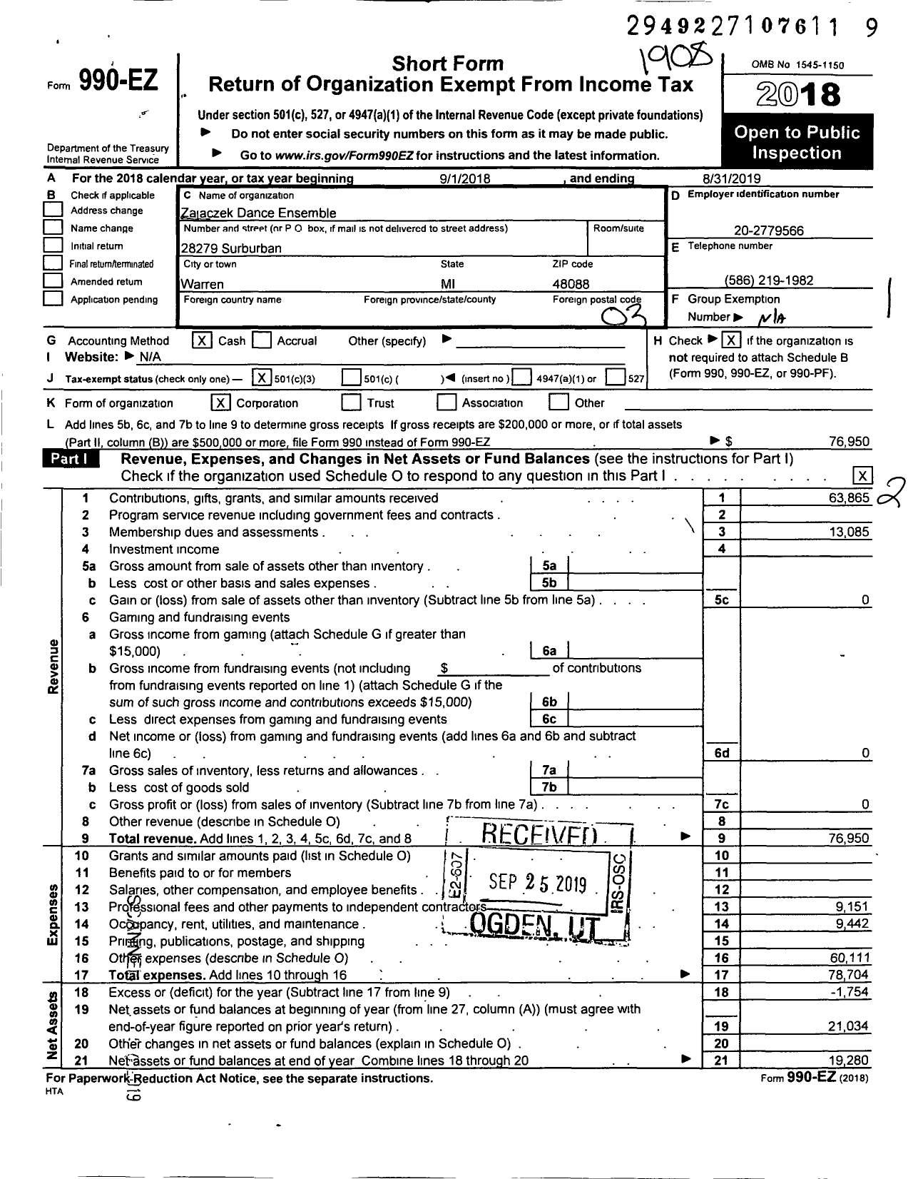 Image of first page of 2018 Form 990EZ for Zajaczek Dance Ensemble