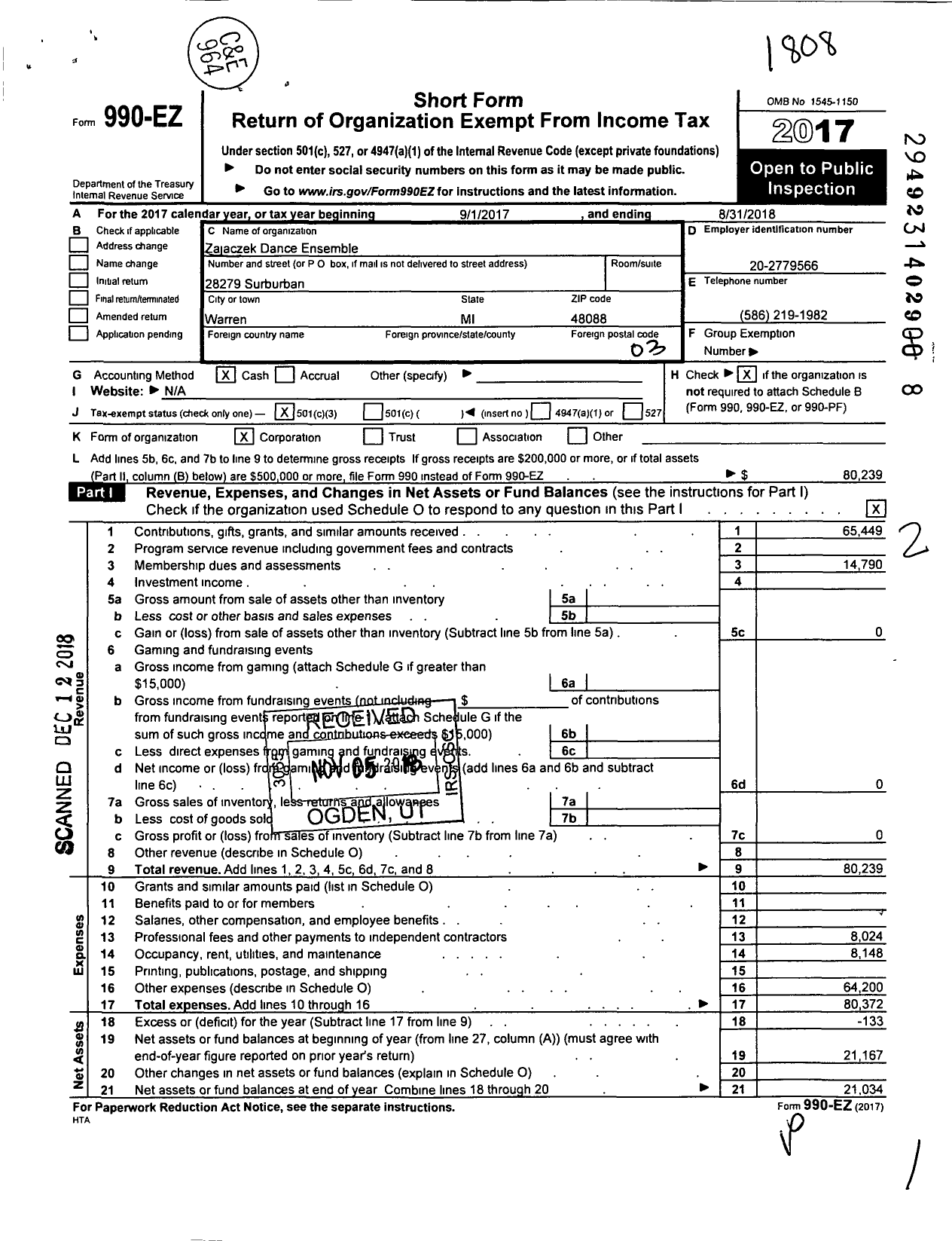 Image of first page of 2017 Form 990EZ for Zajaczek Dance Ensemble