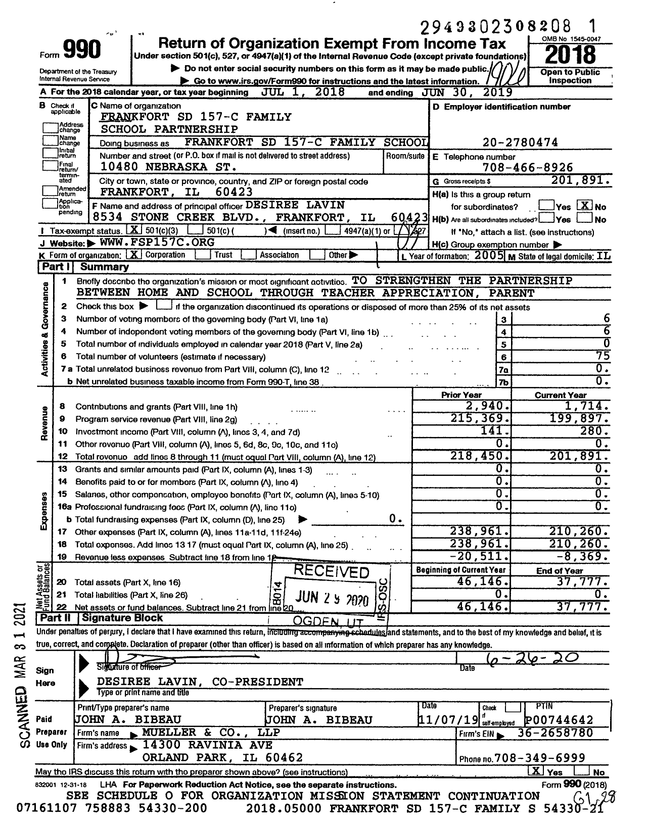 Image of first page of 2018 Form 990 for Frankfort SD 157-c Family School Partnership