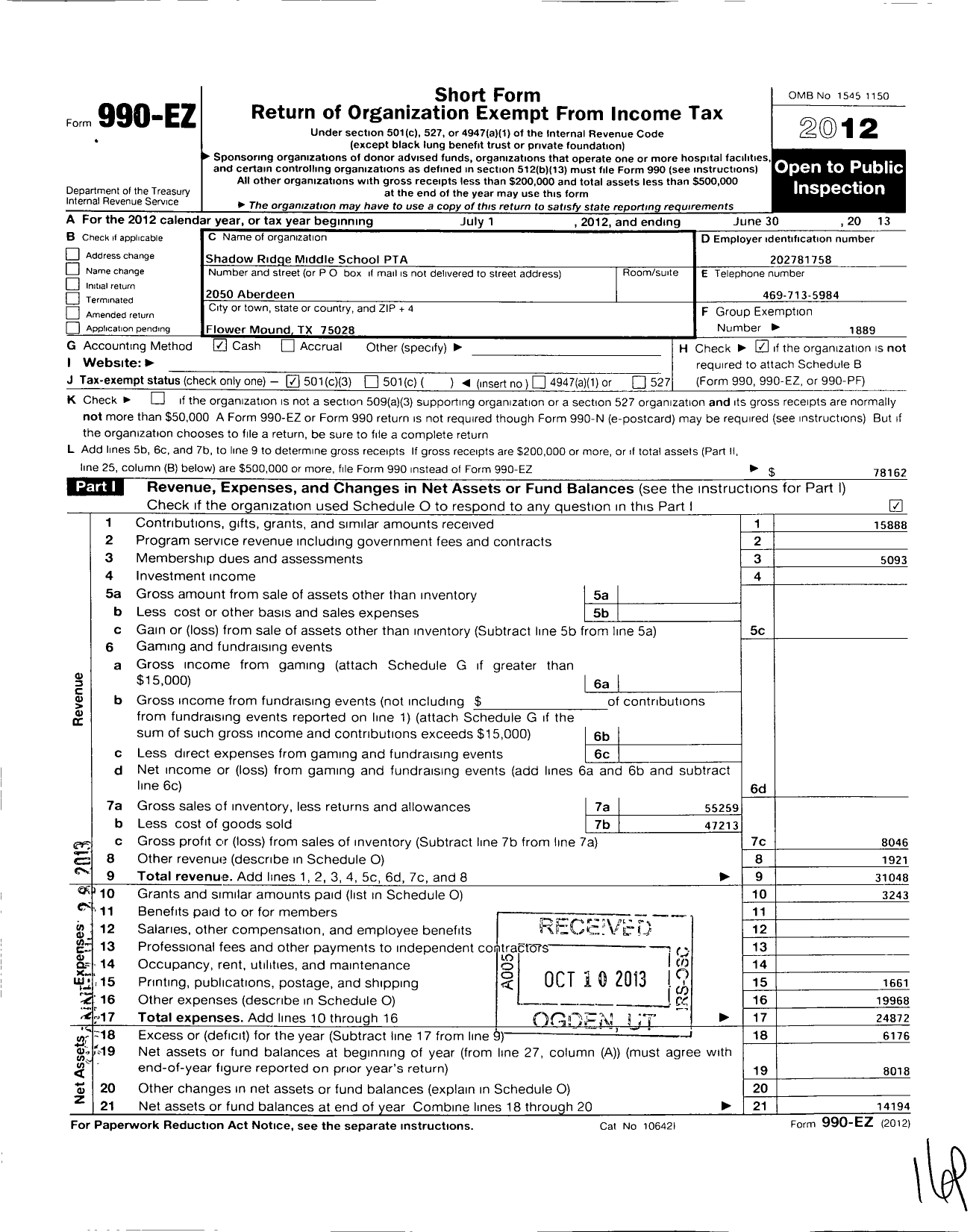 Image of first page of 2012 Form 990EZ for Texas PTA - Shadow Ridge Middle School PTA