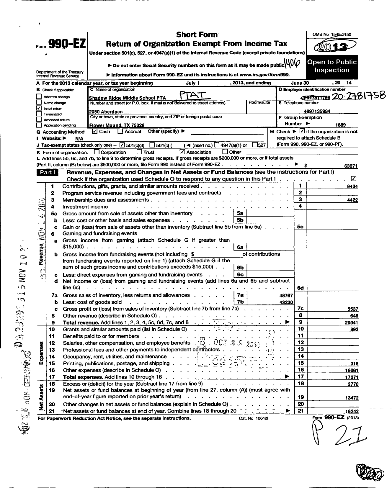 Image of first page of 2013 Form 990EZ for Texas PTA - Shadow Ridge Middle School PTA