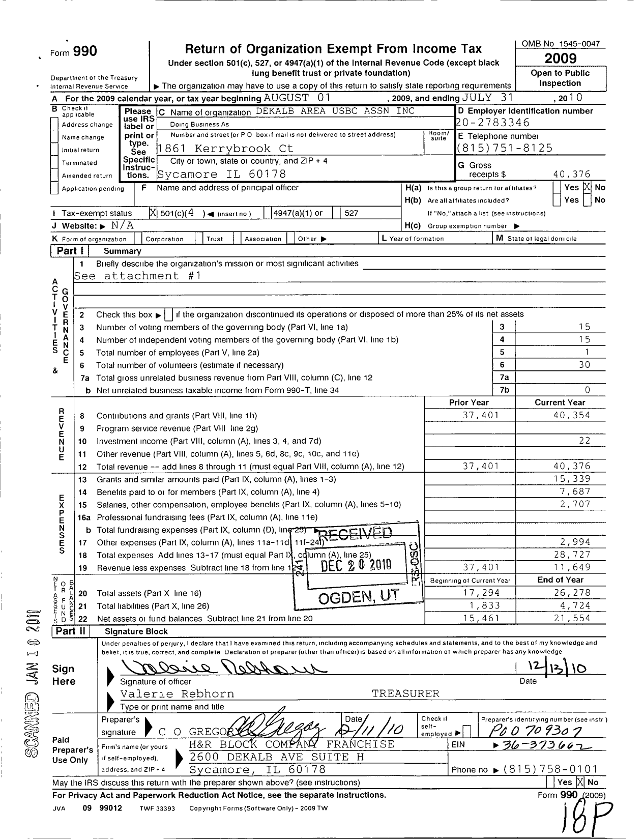 Image of first page of 2009 Form 990O for United States Bowling Congress - 81994 Dekalb Area Usbc