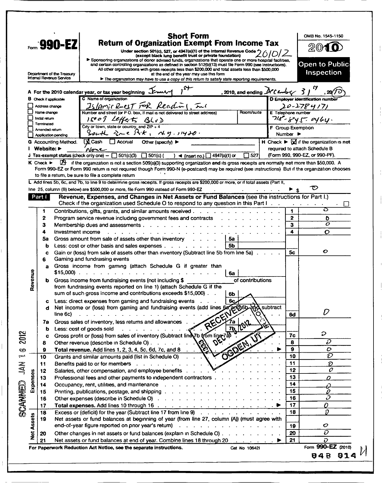 Image of first page of 2010 Form 990EO for Islamic Quest for Reading Association (IQRA)