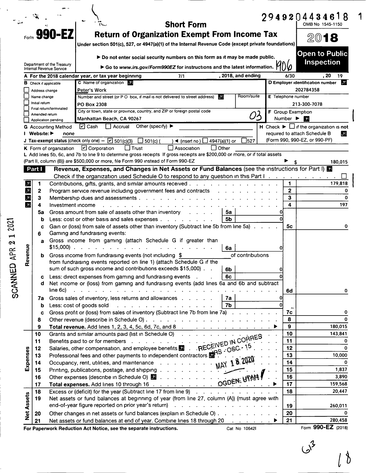 Image of first page of 2018 Form 990EZ for Peters Work