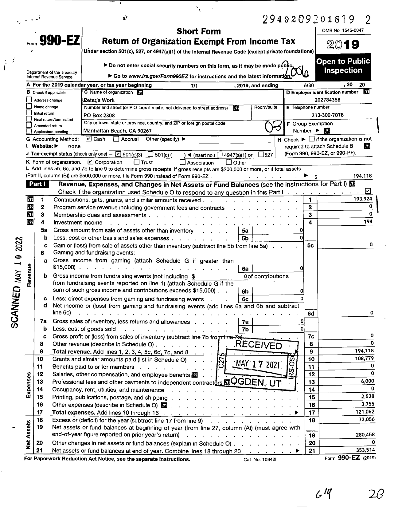 Image of first page of 2019 Form 990EZ for Peters Work