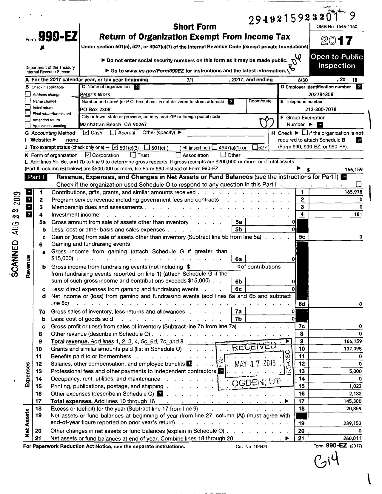 Image of first page of 2017 Form 990EZ for Peters Work