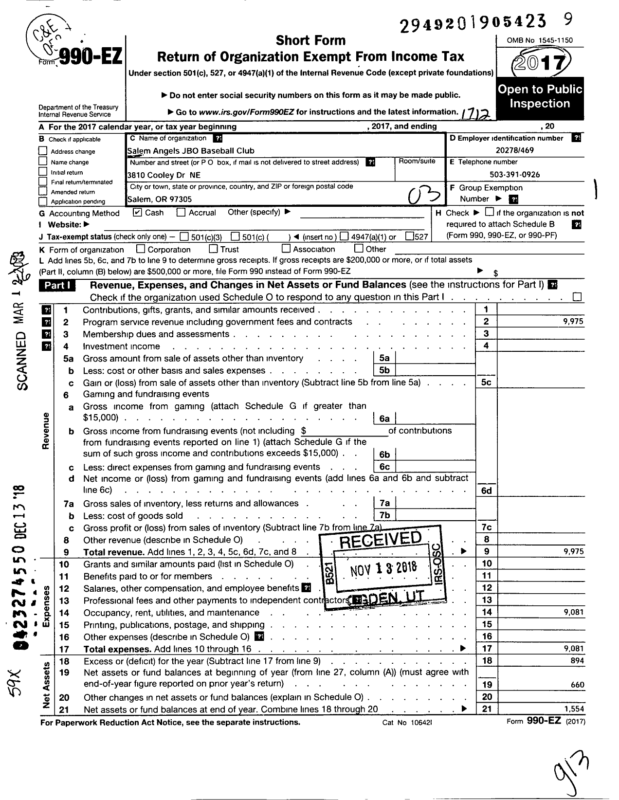 Image of first page of 2017 Form 990EZ for Salem Angels Jbo Baseball Club