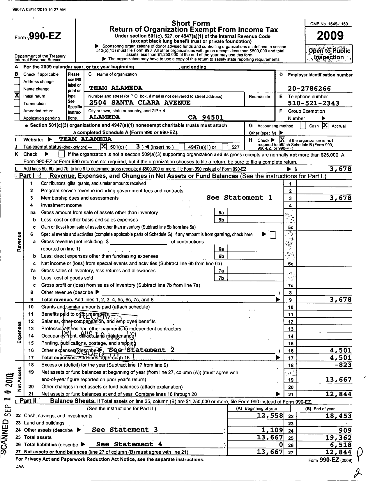 Image of first page of 2009 Form 990EZ for Team Alameda