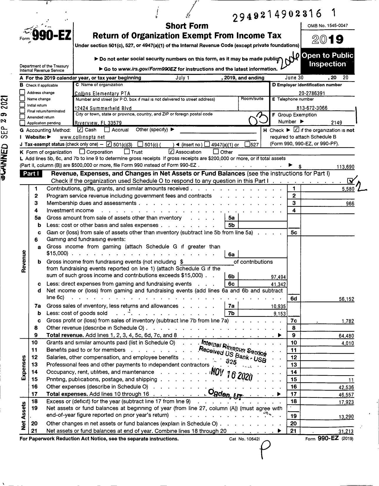 Image of first page of 2019 Form 990EZ for PTA FLORIDA CONGRESS - Collins PreK-8 PTSA