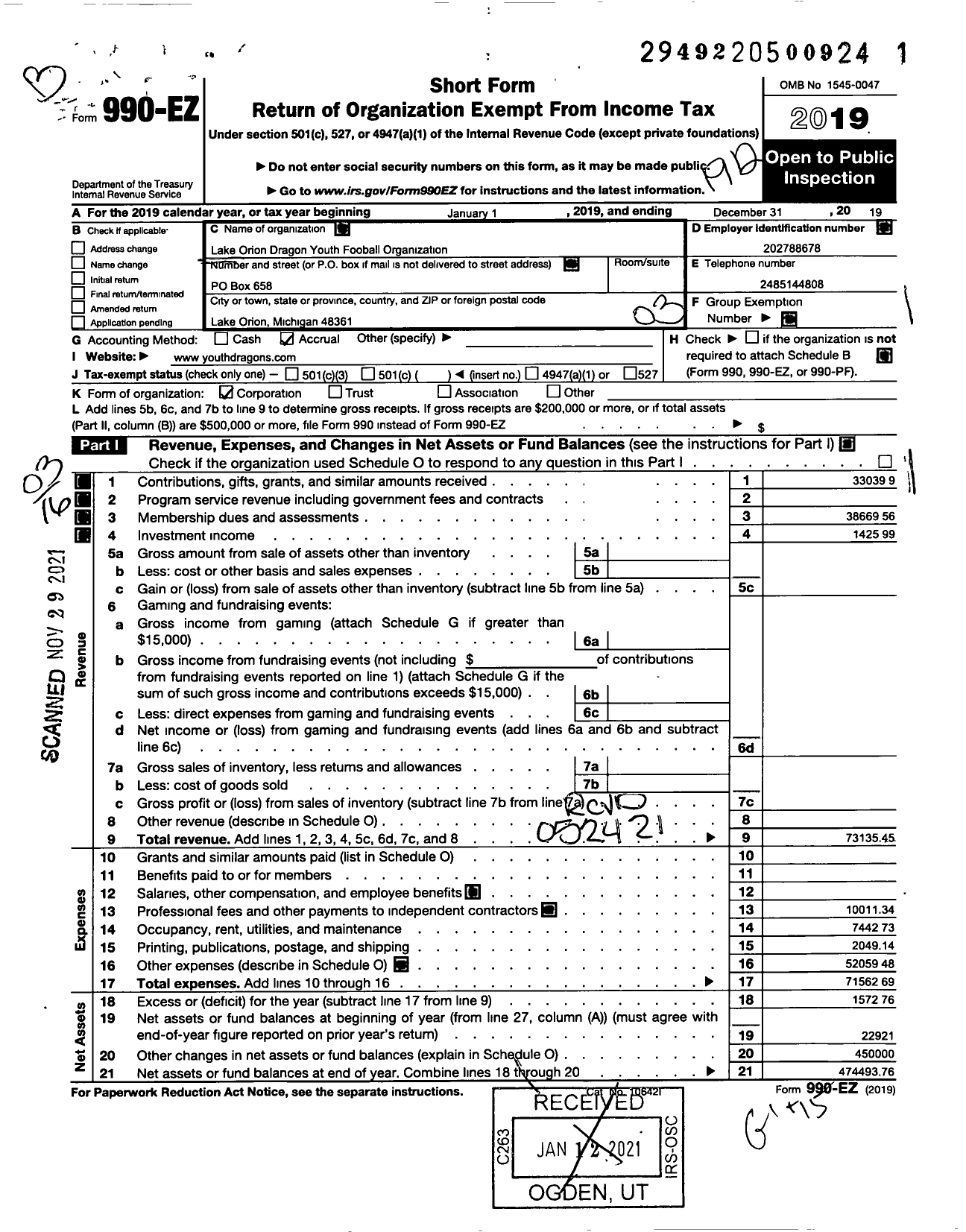 Image of first page of 2019 Form 990EZ for Lake Orion Dragons Youth Football Organization (LODYF)