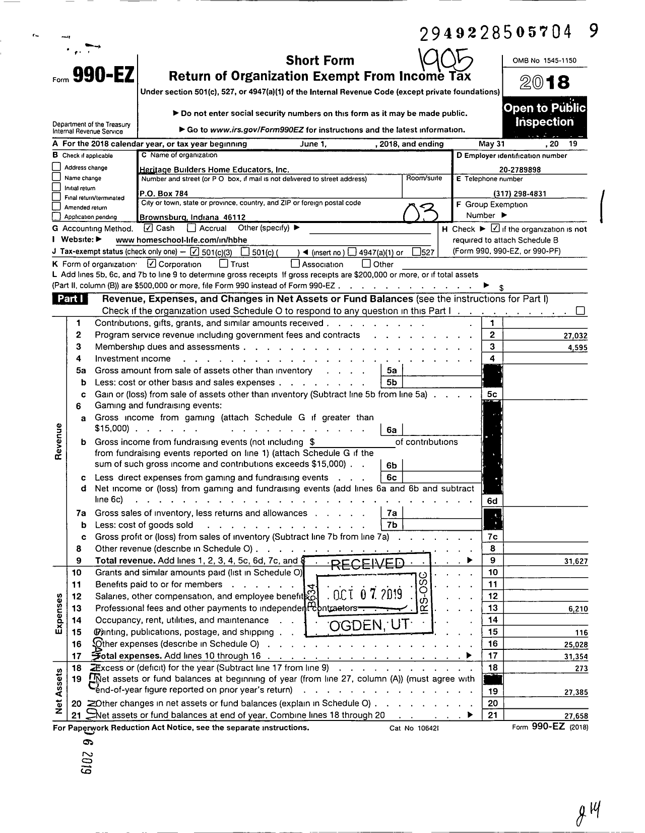 Image of first page of 2018 Form 990EZ for Heritage Builders Home Educators