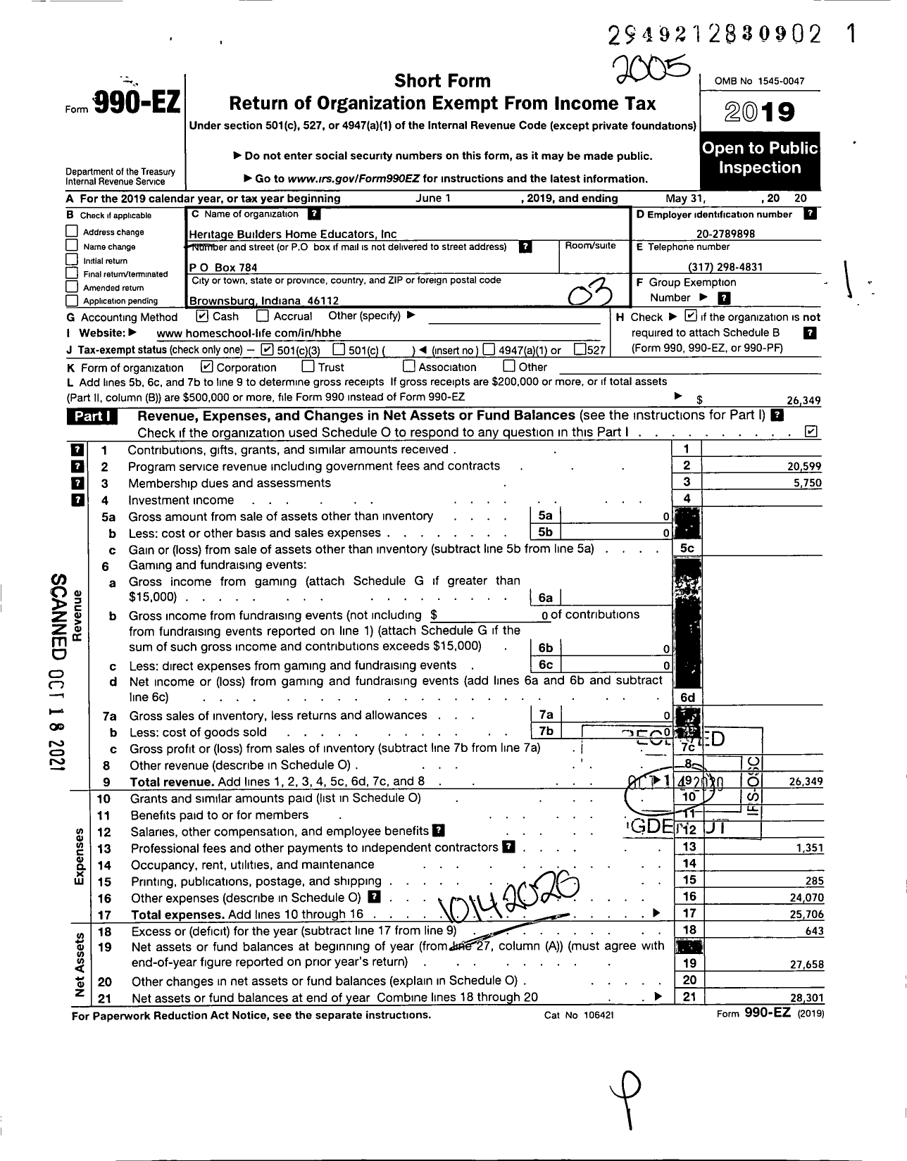 Image of first page of 2019 Form 990EZ for Heritage Builders Home Educators