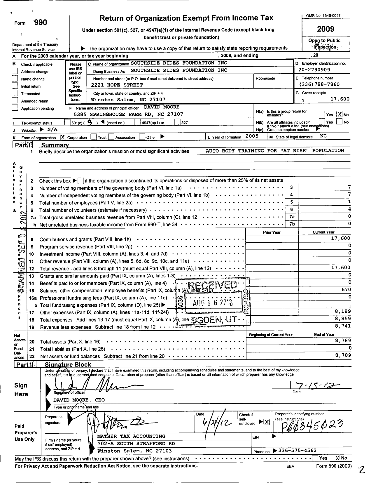 Image of first page of 2009 Form 990 for Southside Rides Foundation