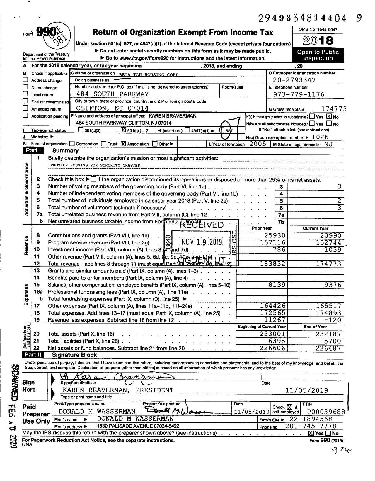 Image of first page of 2018 Form 990O for Beta Tau Housing Corporation