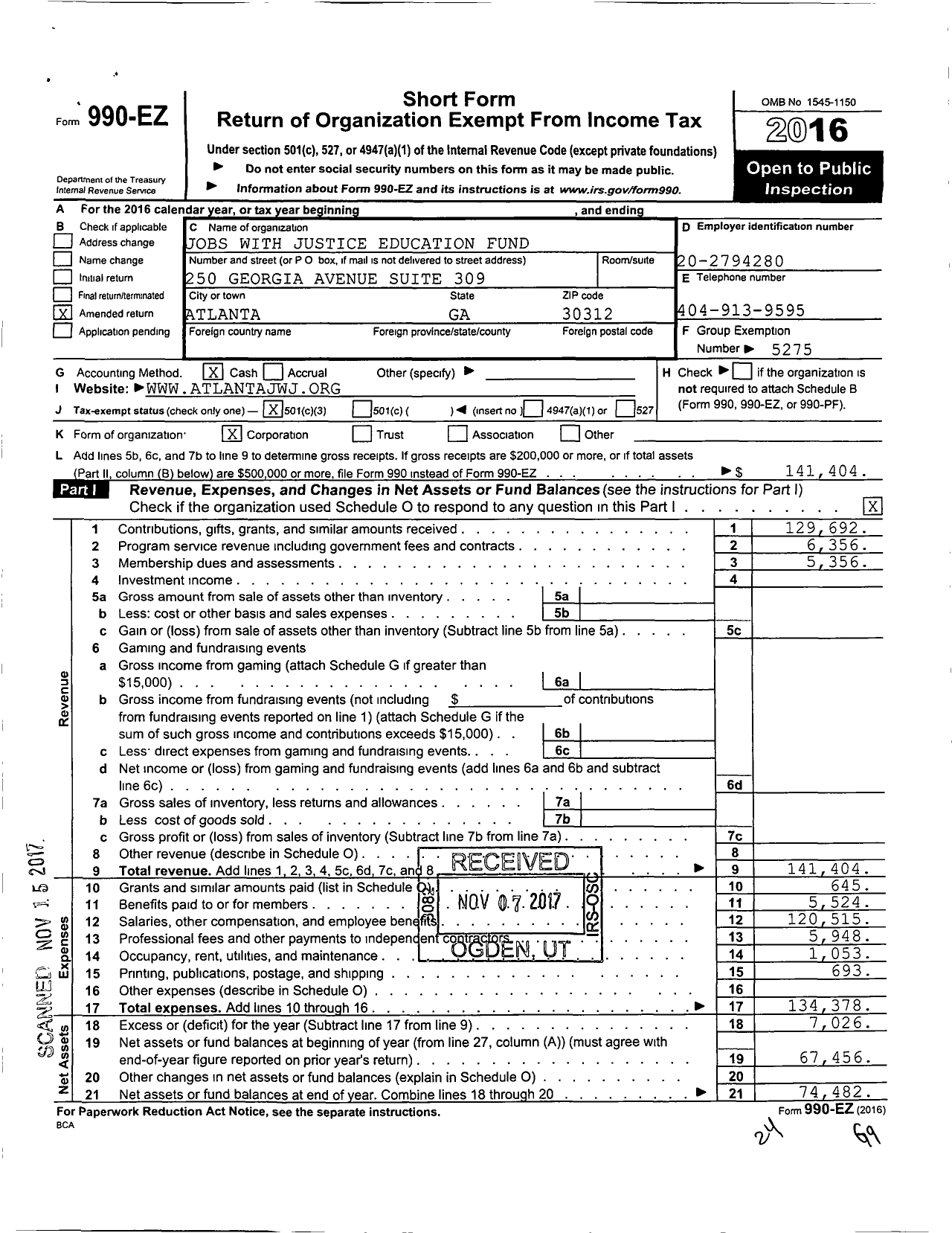 Image of first page of 2016 Form 990EZ for Jobs with Justice Education Fund / Atlanta Jobs with Justice Inc