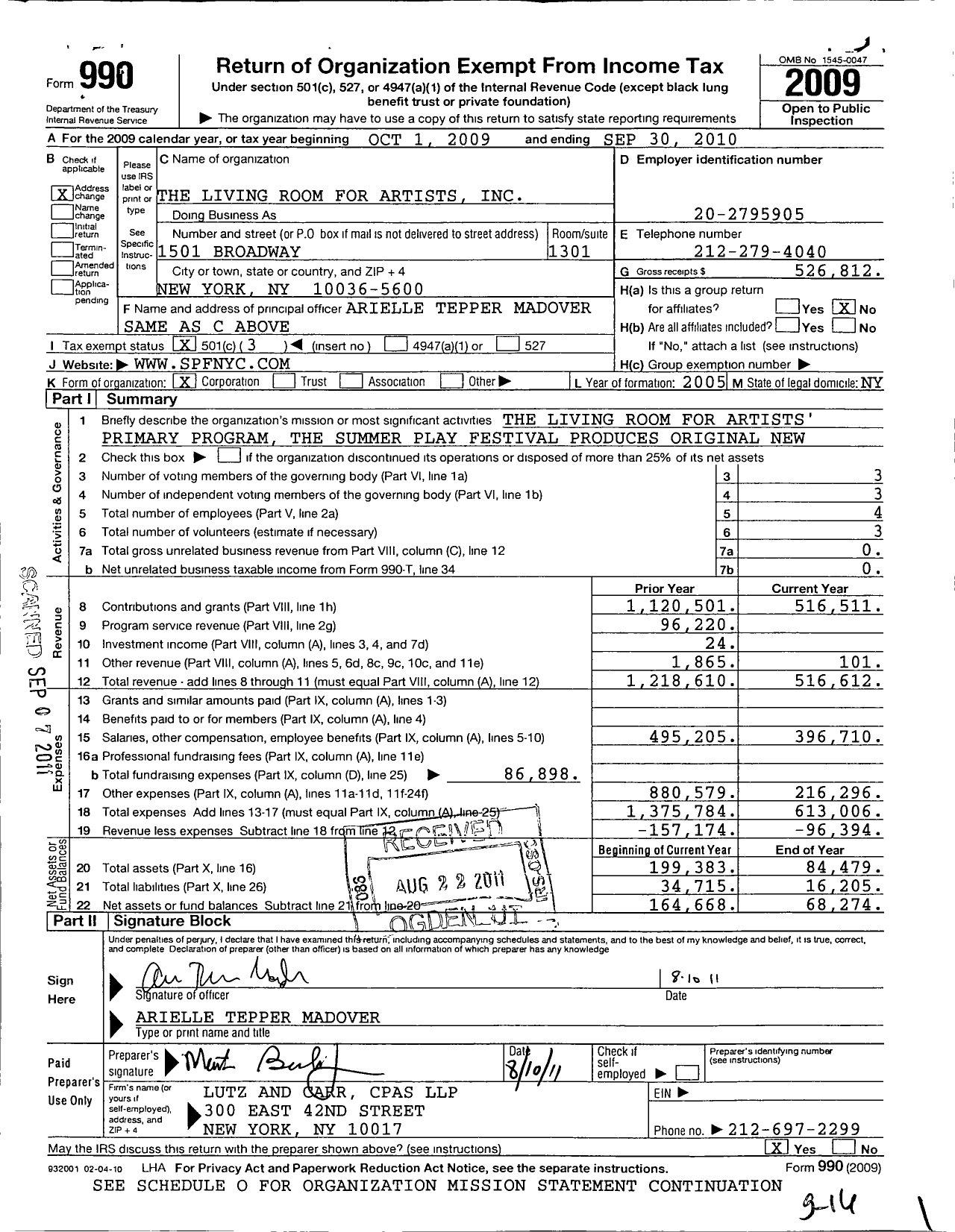 Image of first page of 2009 Form 990 for Living Room for Artists