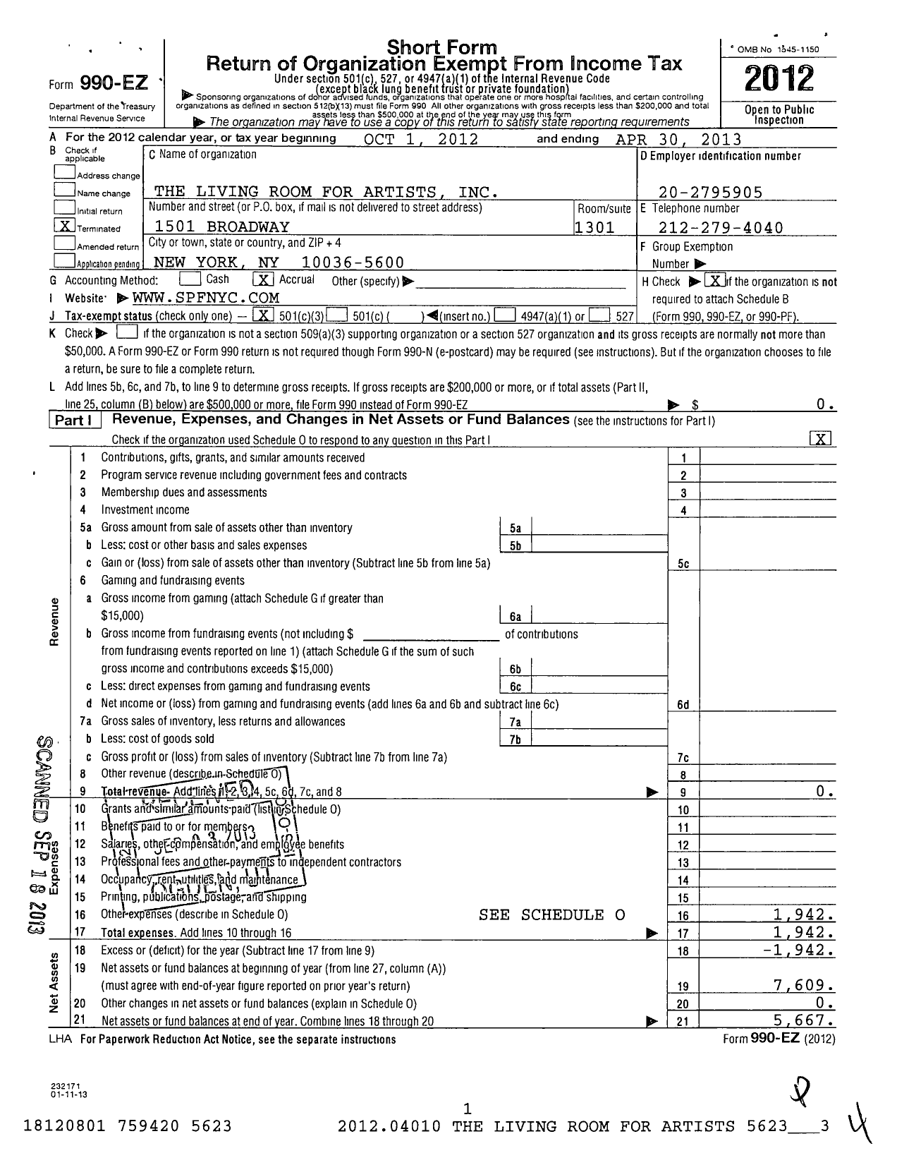 Image of first page of 2012 Form 990EZ for Living Room for Artists