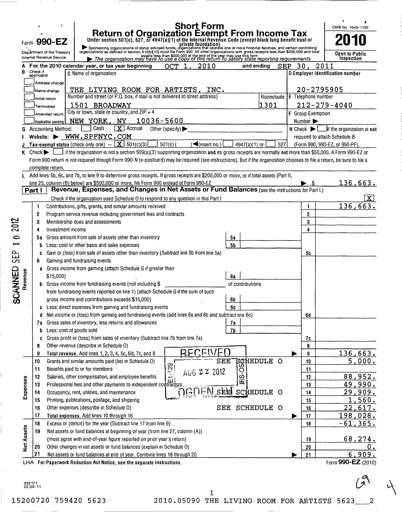 Image of first page of 2010 Form 990EZ for Living Room for Artists