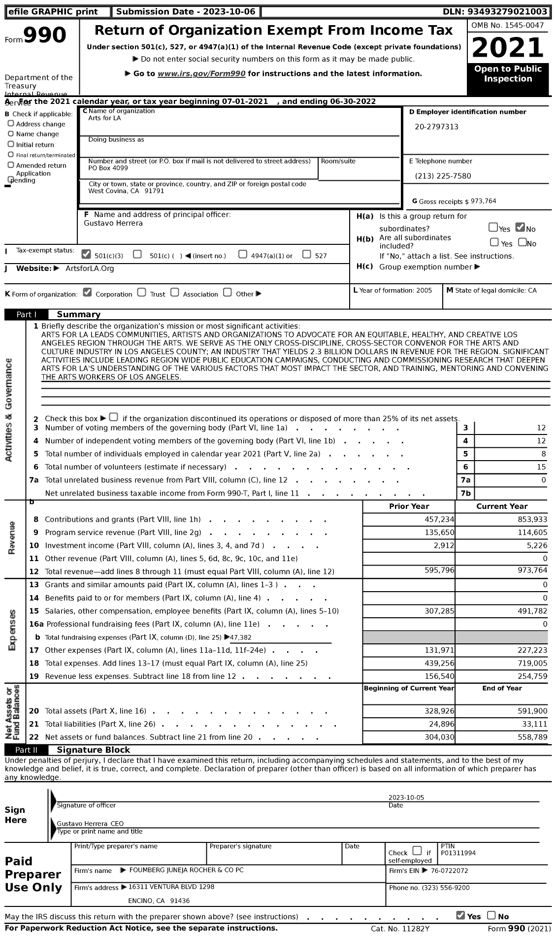 Image of first page of 2021 Form 990 for Arts for LA