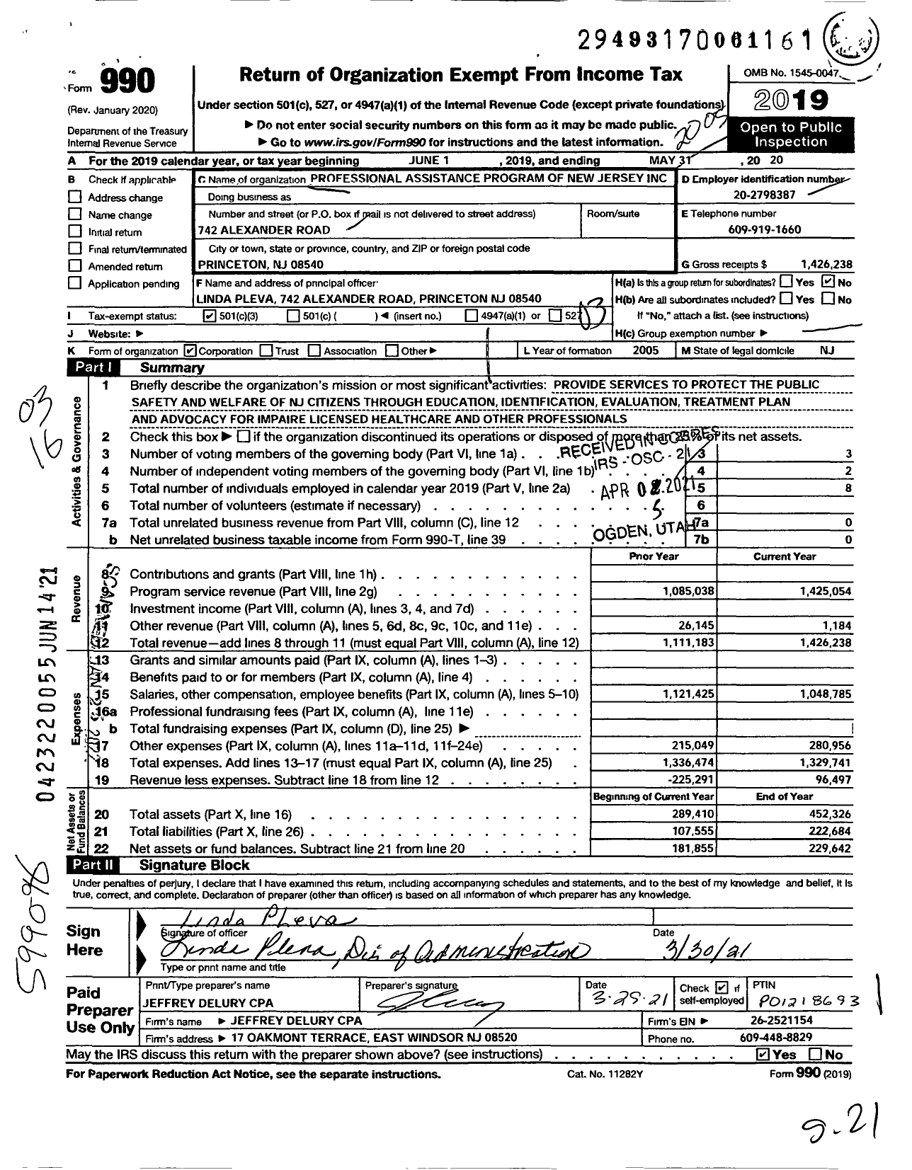 Image of first page of 2019 Form 990 for Professional Assistance Program of New Jersey Incprofesional Assistance Pro