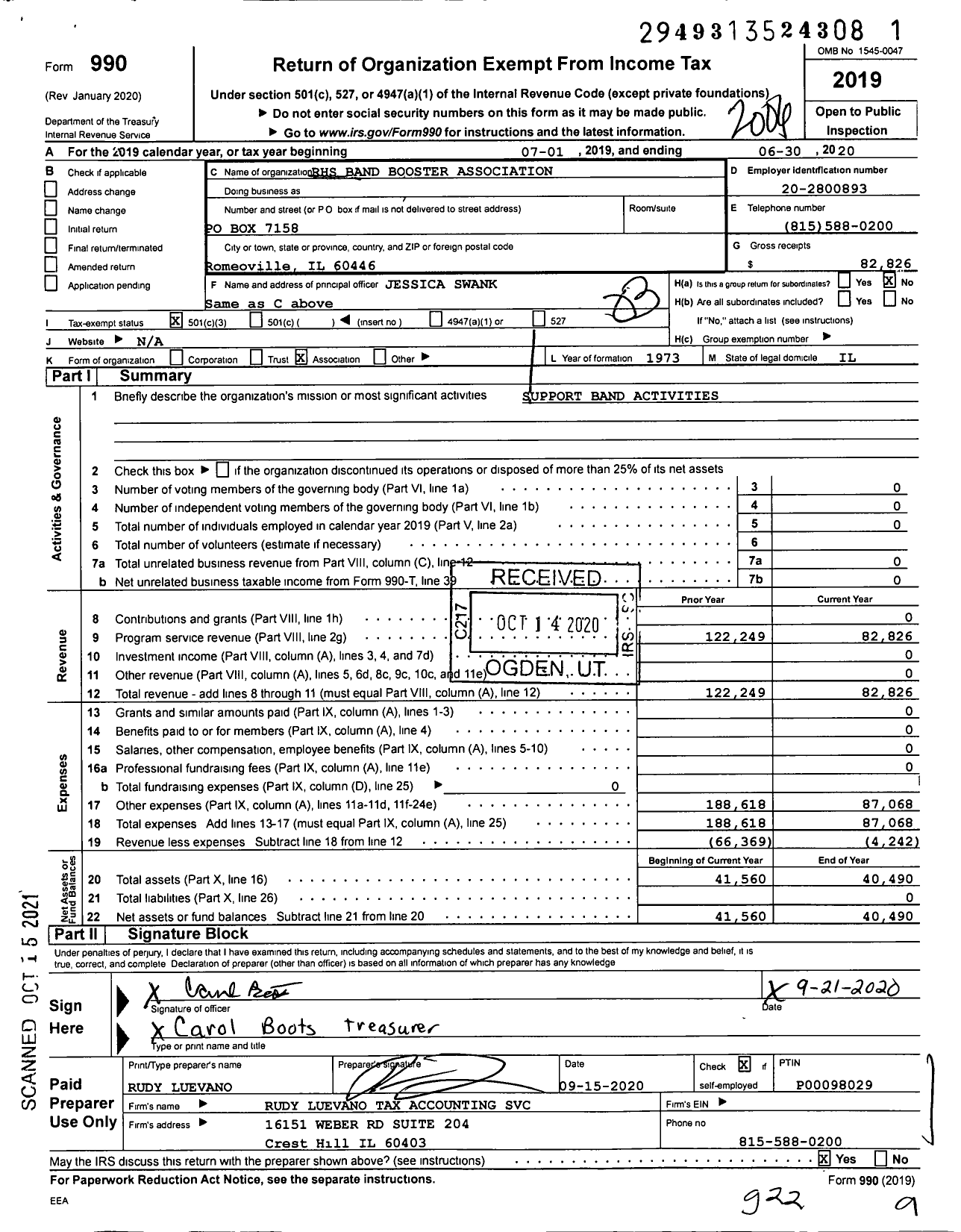 Image of first page of 2019 Form 990 for Romeoville High School Band Booster Association