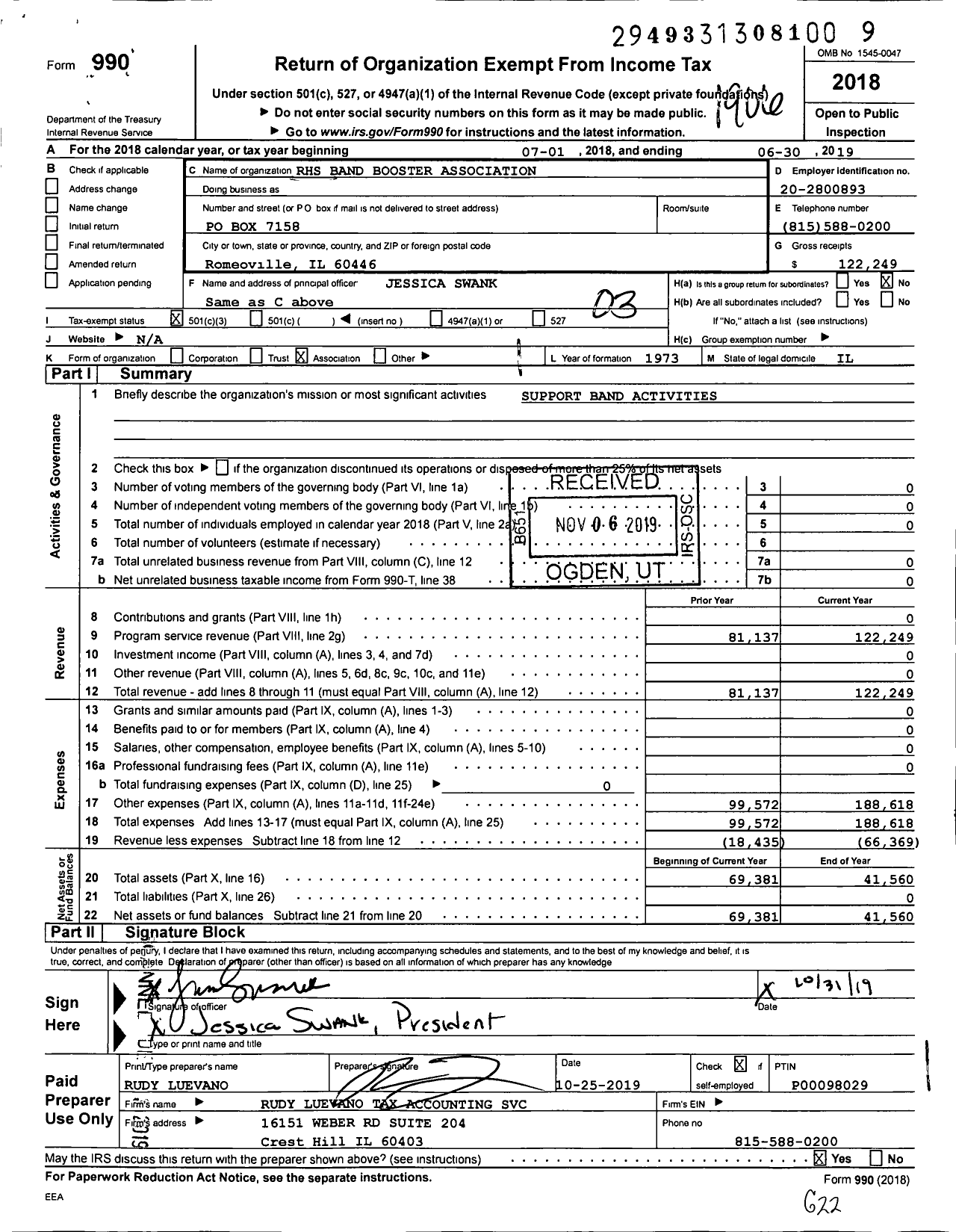 Image of first page of 2018 Form 990 for Romeoville High School Band Booster Association